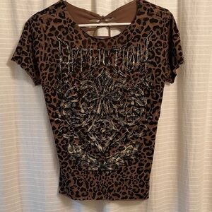 Affliction Brown Leopard Print Short Sleeve Top